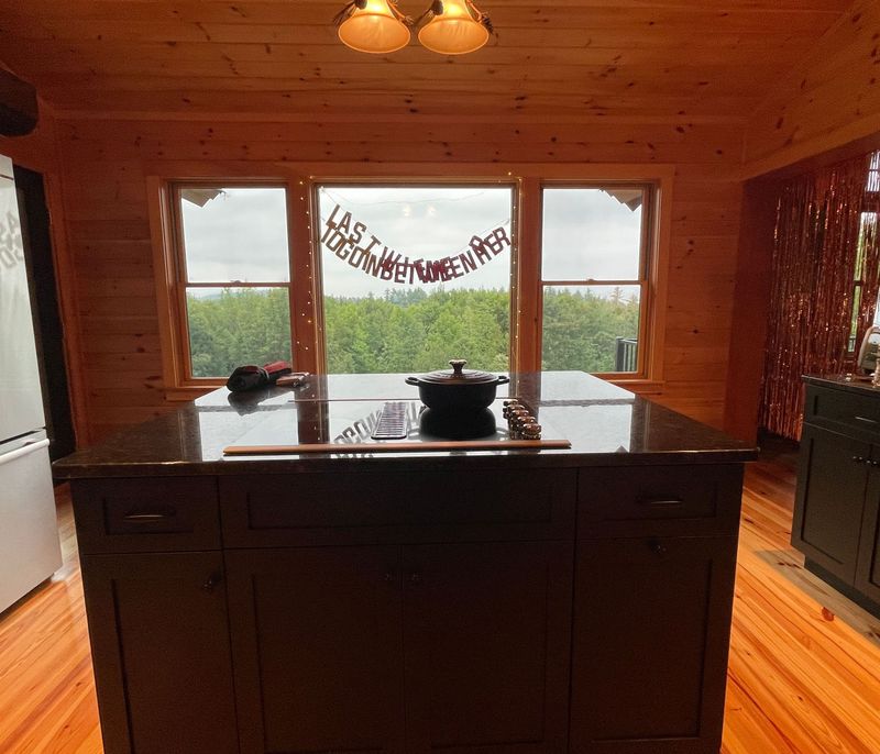 Anthony's rented kitchen before a bachelorette dinner, island and cooktop under a window