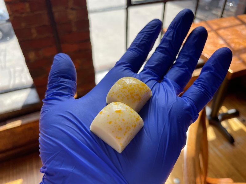 A gloved hand holding a finished Meyer lemon bonbon