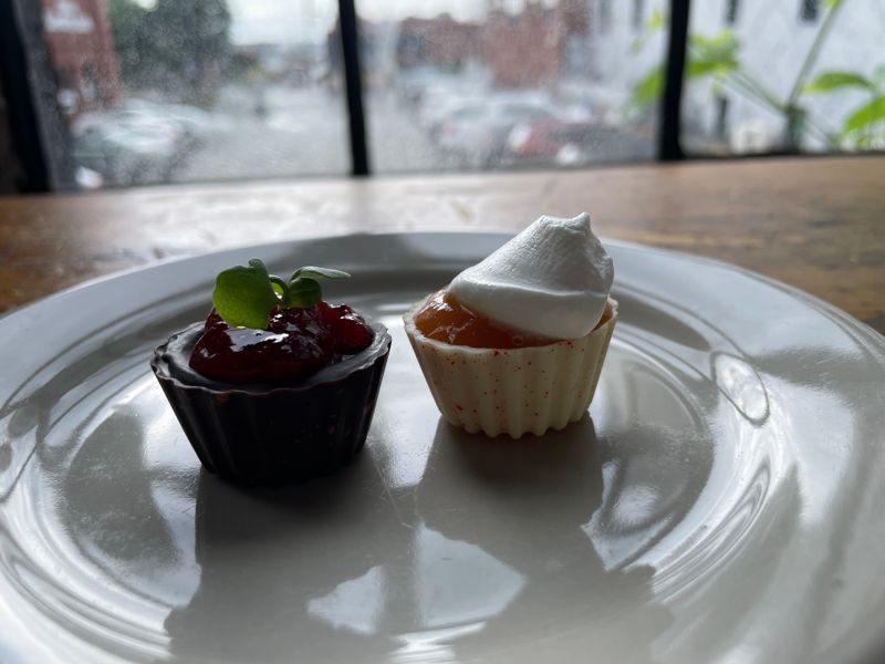 A plated chocolate dessert with whipped cream and a berry tart